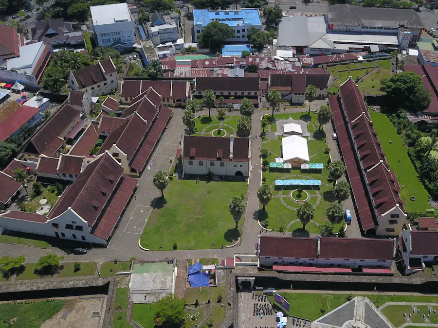 Aerial view of a walled colonial fort compound in Indonesia