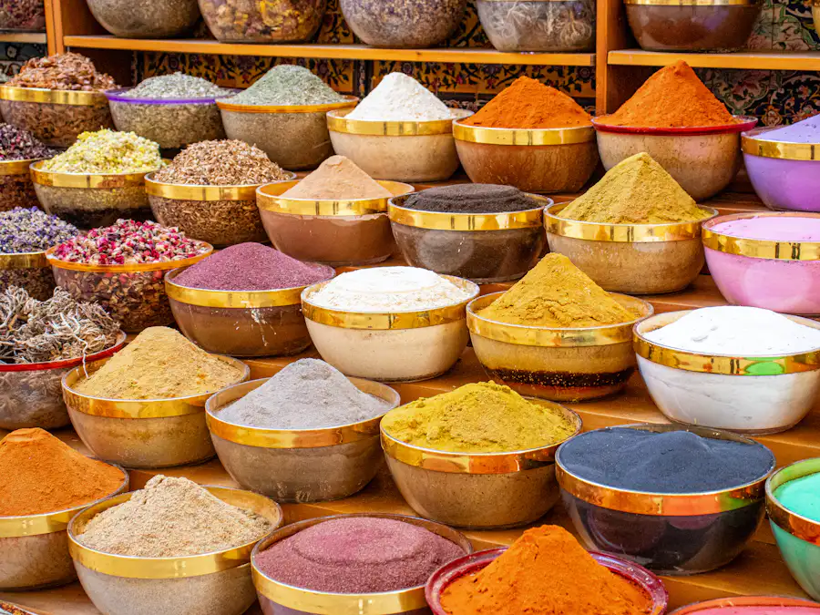 Spices displayed in bowls at a market stall