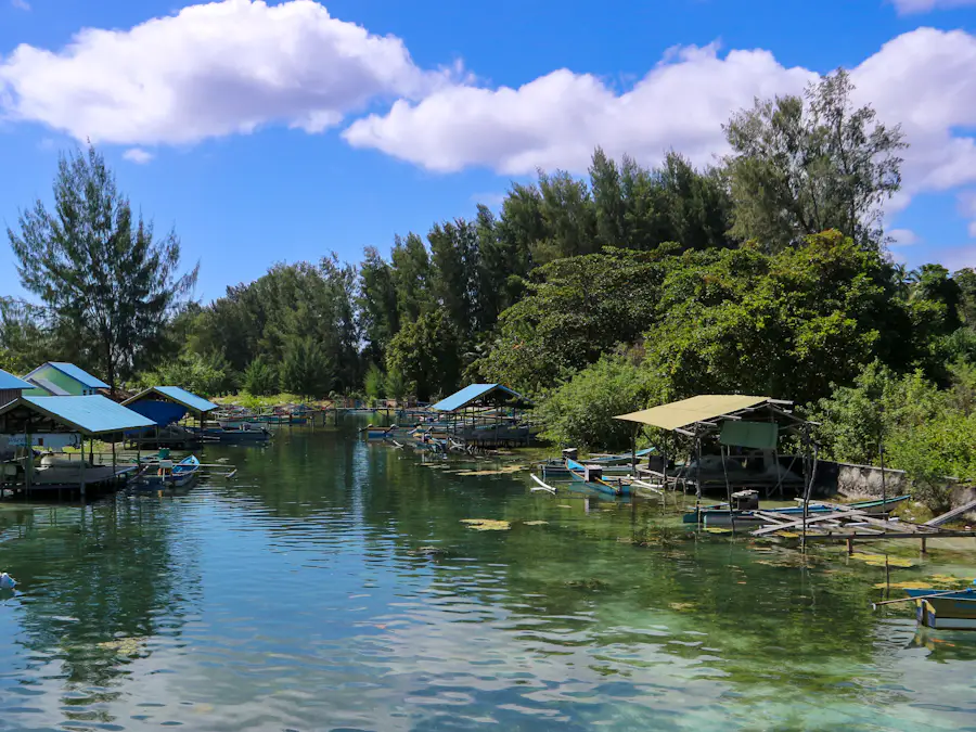 Stilt houses along a calm shoreline in Maluku
