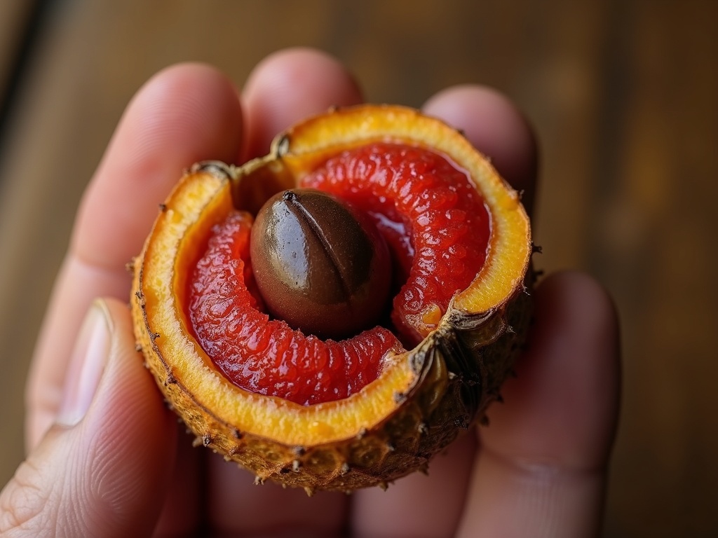 A split-open nutmeg fruit showing bright red mace around the dark brown seed