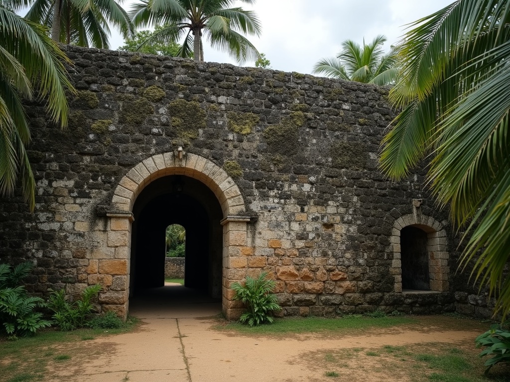 Weathered coral-stone colonial fort wall with an arched doorway framed by palm fronds