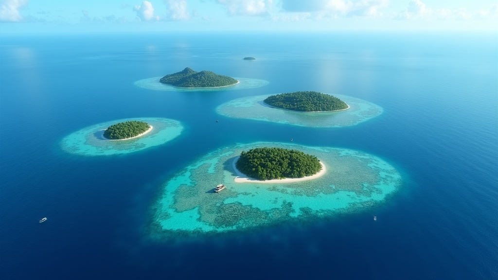A vibrant tropical coral reef wall dropping into deep blue with a distant snorkeller silhouette