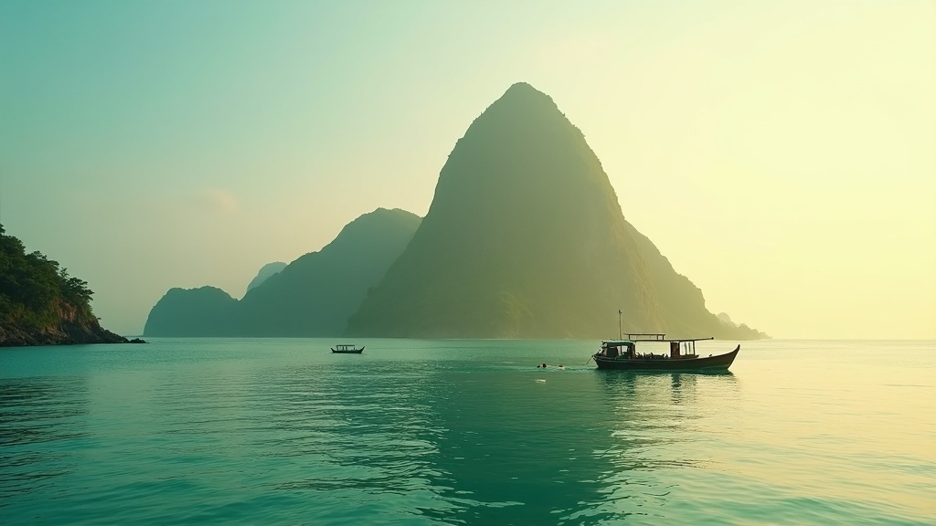 A steep volcanic cone rising from calm turquoise sea at dawn in a remote tropical archipelago with a small wooden boat