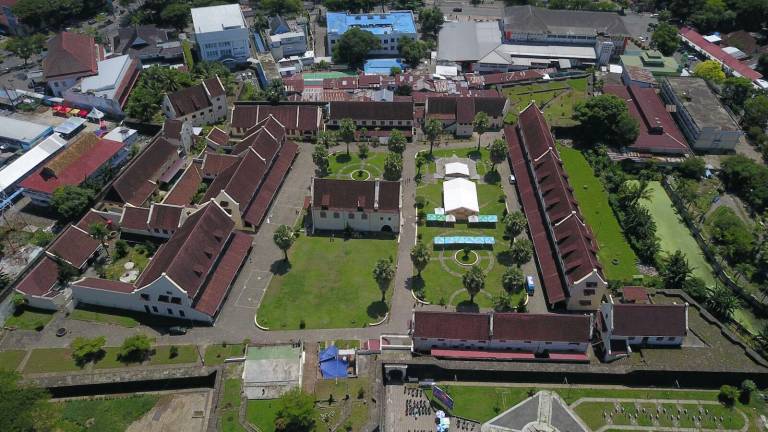 Aerial view of a walled colonial fort compound in Indonesia