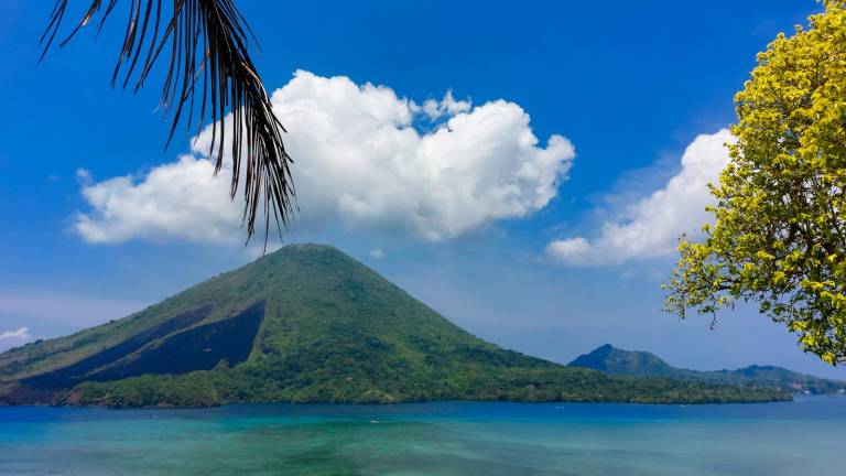 A steep volcanic cone rising straight out of the sea, framed by a palm frond